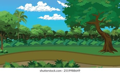 Rural village road vector illustration.Forest road landscape with trees and bushes under cloudy sky.