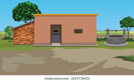 A rural village scene with a house and a well in the countryside.Indian village home landscape for cartoon animation
