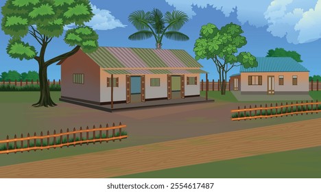 Rural village scene with traditional houses, trees, wooden fences, and open sky - perfect for images of countryside or agricultural settings