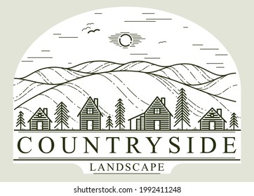 Rural village in woods linear vector emblem isolated on white, wooden houses in trees forest line art logo, countryside log cabins cottages, travel in wilderness for rest.