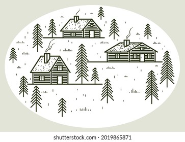 Rural village in woods linear vector illustration isolated on white, wooden houses in trees forest line art drawing, countryside log cabins cottages, travel in wilderness for rest.