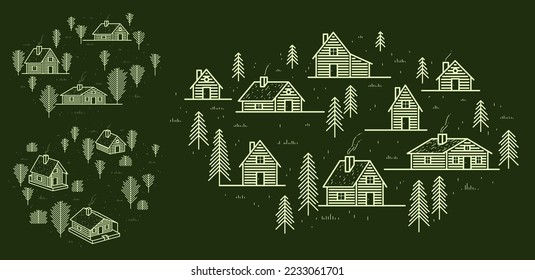 Rural village in woods linear vector illustration on dark, wooden houses in trees forest line art drawing, countryside log cabins cottages, travel in wilderness for rest.