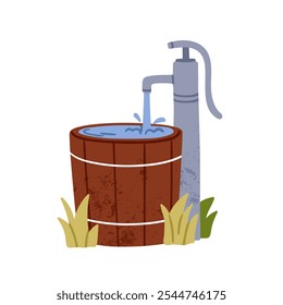 Bomba de agua rural con barril de madera, cubo de madera lleno de líquido. Equipo de exterior Country para la hidratación de granjas y jardines. Herramienta de agua del campo. Ilustración vectorial plana aislada sobre fondo blanco