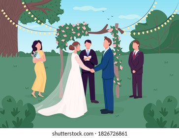 田舎の結婚式のフラットカラーベクターイラスト 結婚祝い サービス用の花柄のアーチ 花嫁の付き添いと最高の男 背景に新郎新婦の2d漫画のキャラクター のベクター画像素材 ロイヤリティフリー