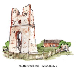 Rural wedding illustration, ruined building, sketch watercolor. Vector.