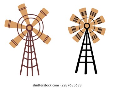 Rural windmill and watermill set. Ideal for logo, printing and postcards. Vector illustration isolated on the white background. 