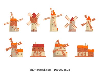 Rural windmills set. Collection of traditional windmills vector Illustrations