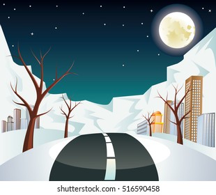 Rural Winter City Landscape With Road And Trees At Night Time.