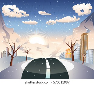 Rural winter city landscape with road and trees at sunrise or sunset.