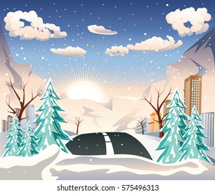 Rural winter city landscape with road and trees at sunrise or sunset.