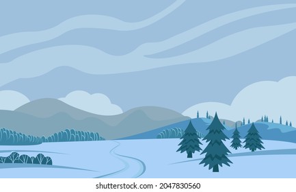 Rural winter landscape. Field with fir trees and forest. Hills, mountains on the background of the sky with clouds. Color vector illustration of flat style.