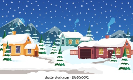 Rural winter landscape flat illustration. Snowfall in town outskirts. Snowy weather. Snow covered small houses roofs. Populated village street. Snowdrifts in yards. Evening scenery concept