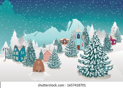 Rural winter landscape with houses, mountain and cute groundhog illustration.