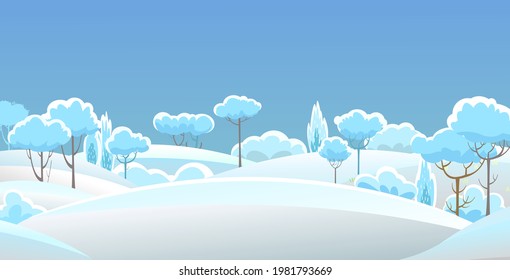 Invierno rural. Un hermoso paisaje nevado. Estilo de caricatura. Saltos de nieve. Colinas y árboles. Nieve. Frío helado. Belleza romántica. Ilustración de diseño plano. Arte vectorial