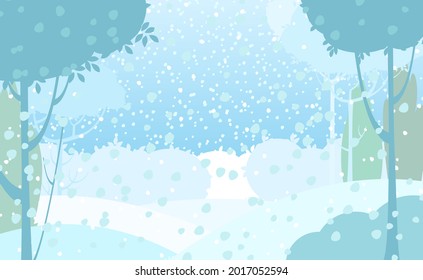 Rural winter. Snowy beautiful landscape. Cartoon style. Snowdrifts. Hills and trees. Snow. Frosty cold. Romantic beauty. Flat design illustration. Vector art