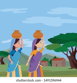Rural women carrying drinking water, Illustration, Village landscape
