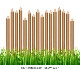 Rural wooden fence, palisade in green grass vector illustration. Garden wood farm fence