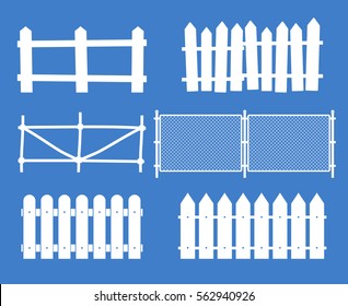 Rural wooden fences, pickets vector. White silhouettes fence for garden illustration