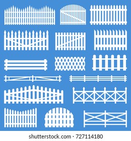 Rural wooden fences. White village pattern barrier, sheep and cattle picket, yard decoration element. Vector flat style cartoon illustration isolated on blue background