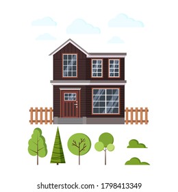 Rural wooden house exterior with fences, clouds and different trees icon set isolated on white background. Two storey home facade with window, roof, door in flat cartoon style. Vector illustration.