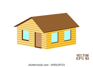 Rural Wooden House. Small One-Storey Cottage. Country Home Isolated on White Background. Vector. 3D Illustration