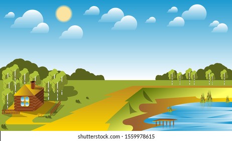 rural wooden house surrounded by birches and a fence is located on a country road on the lake with a pier and reeds against the horizon, forest, fields, sky with sun and clouds. rural landscape. autho