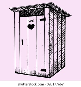 rural wooden outdoors toilet, hand drawn, doodle style, sketch illustration