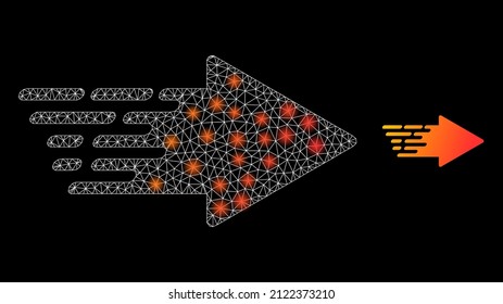Rush arrow icon and glare mesh net rush arrow model with majestic light spots. Illuminated model done using rush arrow vector icon and polygonal mesh. Glossy carcass rush arrow,