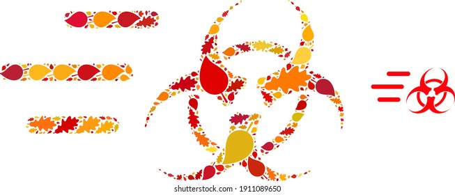 Rush Biohazard mosaic icon created for fall season. Vector rush biohazard mosaic is created from random autumn maple and oak leaves. Mosaic autumn leaves in bright gold, brown and red colors.