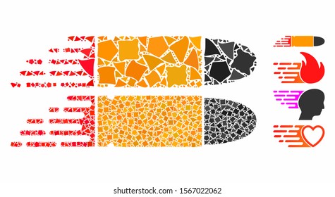 Rush bullet composition of joggly pieces in different sizes and shades, based on rush bullet icon. Vector trembly pieces are grouped into composition. Rush bullet icons collage with dotted pattern.