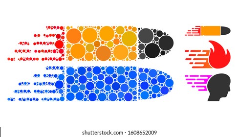 Rush bullet mosaic of filled circles in different sizes and color tones, based on rush bullet icon. Vector filled circles are organized into blue mosaic.