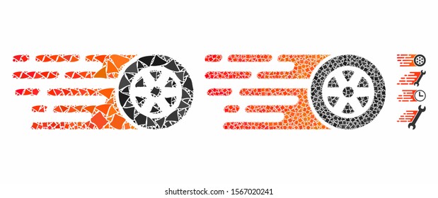 Rush car wheel mosaic of rugged pieces in different sizes and shades, based on rush car wheel icon. Vector joggly pieces are combined into collage. Rush car wheel icons collage with dotted pattern.