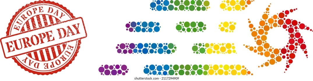 Rush circular saw collage icon of round dots in variable sizes and rainbow bright color tints. Red round textured stamp with Europe Day caption. A dotted LGBT- colored rush circular saw for lesbians,
