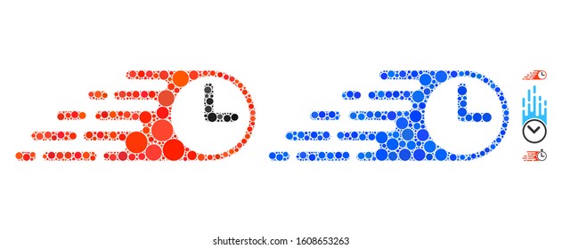 Rush clock mosaic of small circles in different sizes and shades, based on rush clock icon. Vector small circles are grouped into blue composition. Dotted rush clock icon in usual and blue versions.