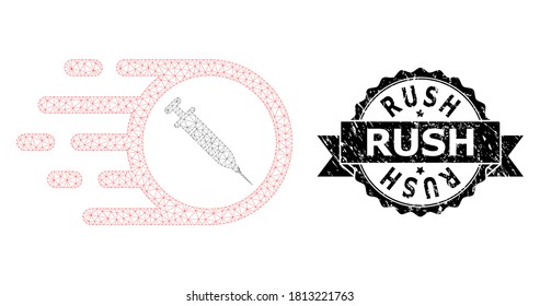 Rústico sello sucio y estructura de malla de la vacuna vectorial. El sello negro contiene el título Rush dentro de la cinta y rosette. Resumen de la vacuna de la malla 2d, construida a partir de malla plana.
