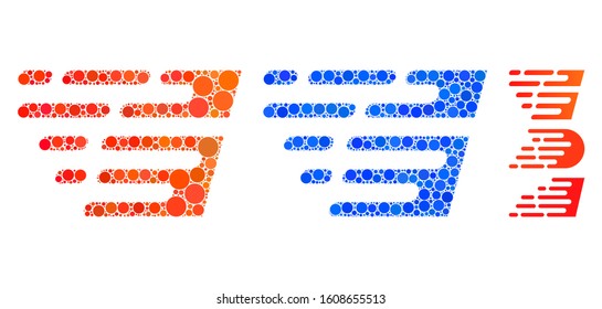 Rush effect composition of round dots in various sizes and color tinges, based on rush effect icon. Vector round dots are united into blue collage. Dotted rush effect icon in usual and blue versions.