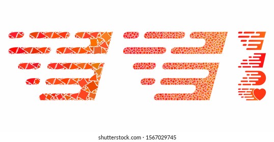 Rush effect mosaic of irregular items in various sizes and color tints, based on rush effect icon. Vector rough pieces are united into collage. Rush effect icons collage with dotted pattern.