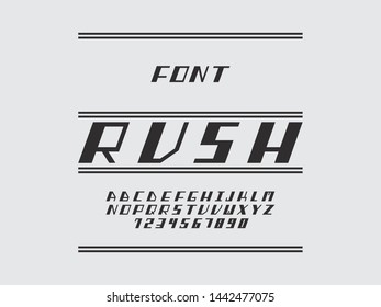 Rush font. Vector alphabet letters and numbers. Typeface design. Typography Graphic
