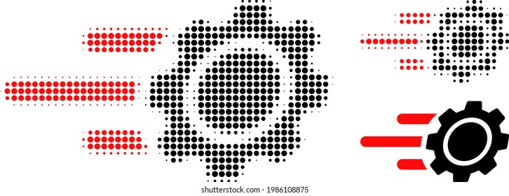 Icono punteado de media tonalidad de la marcha rápida. La matriz de semitono contiene elementos de círculo. Ilustración vectorial del icono del piñón de marcha rápida sobre un fondo blanco.