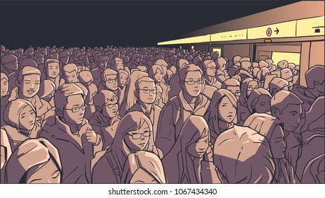 Rush hour crowd at busy metro subway underground platform station in color