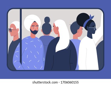 Rush hour, a diverse group of commuting passengers, through the train window view