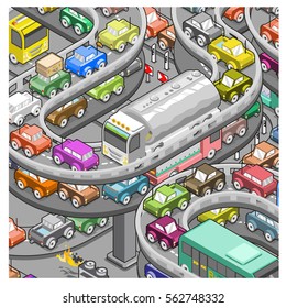 Rush hour horror, huge traffic jam with burning car (vector illustration)
