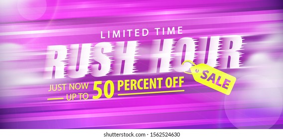 Rush hour sale 50 percent off promotion website banner heading design on graphic purple background vector for banner or poster. Sale and Discounts Concept. 