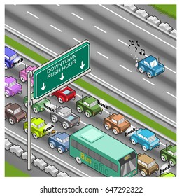 Rush hour traffic jam to downtown and free lane on highway (isometric view)