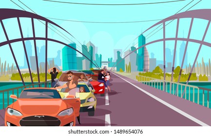 Rush hour traffic jam flat vector illustration. Angry car owners, stressed drivers cartoon characters. Transport logjam on city bridge, modern urban problem. Automobile queue, road congestion