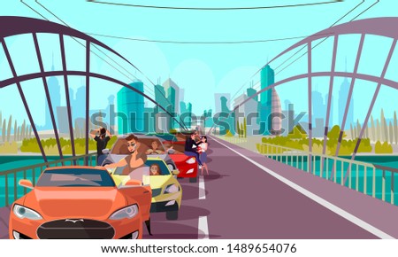 Rush hour traffic jam flat vector illustration. Angry car owners, stressed drivers cartoon characters. Transport logjam on city bridge, modern urban problem. Automobile queue, road congestion Stock photo © 