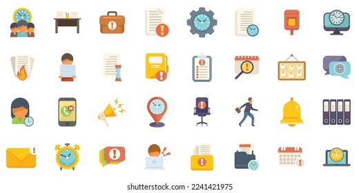 Los iconos de trabajo de Rush establecen el vector plano. Jefe de Internet. Trabajo de adultos aislado