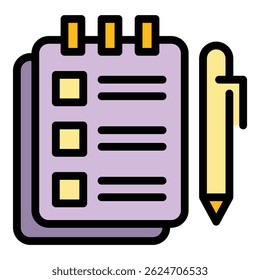Symbol für Eilaufträge-Notizbuch. Outline Rush Job Notebook Vektorsymbol für Web-Design einzeln auf weißem Hintergrund Farbe flach