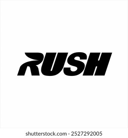 Rush logotipo texto design com seta símbolo na letra R.