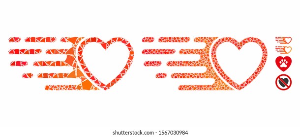 Rush love heart composition of abrupt elements in different sizes and color tinges, based on rush love heart icon. Vector humpy elements are composed into composition.